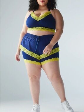 Savage X Fenty Sz 3X Plus Size Navy and Lime Lace Bralette & Short Set